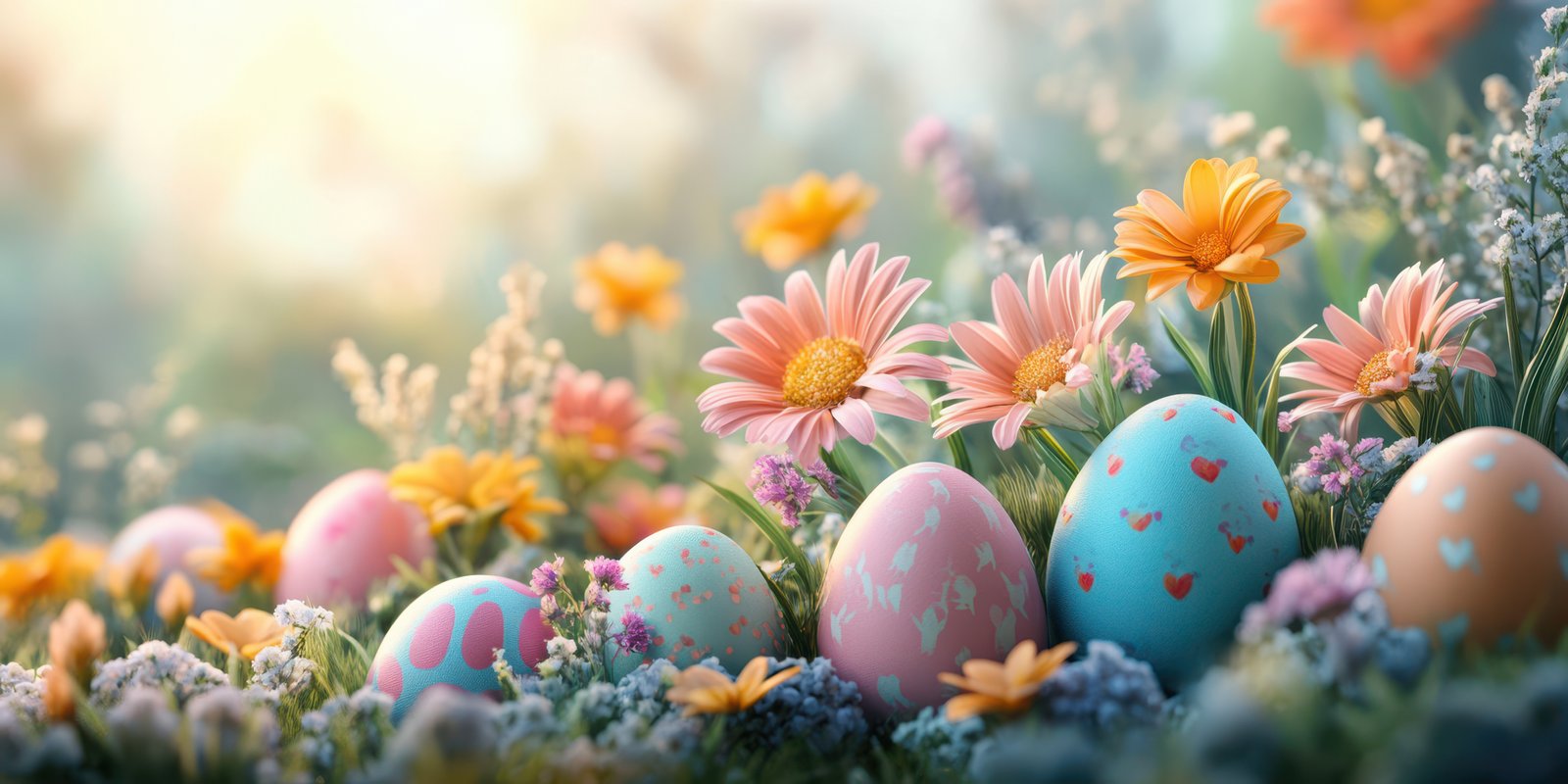 Colorful Easter eggs nestled among vibrant flowers in a sunlit garden setting during the spring season